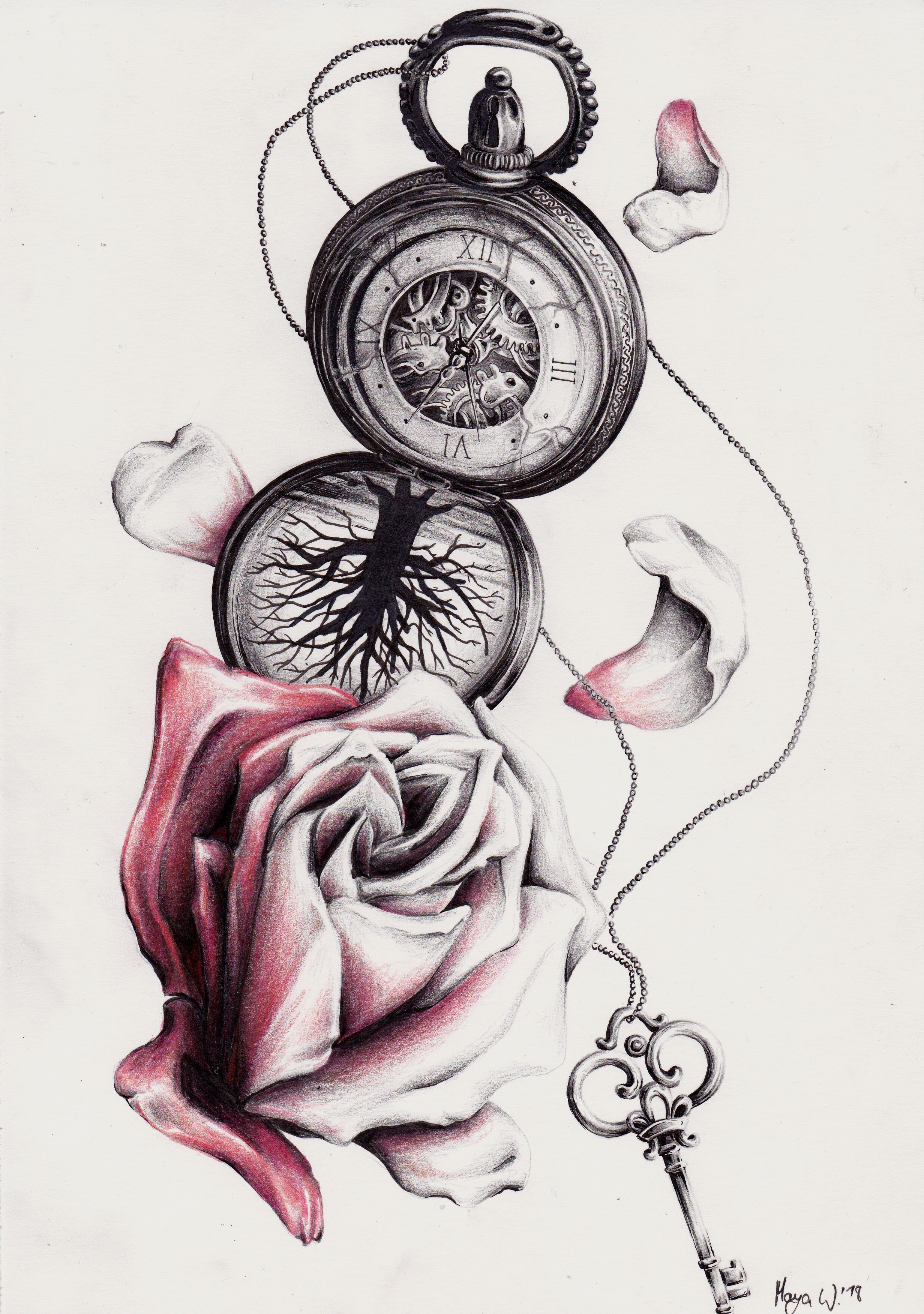 Rose, Schlüssel, Uhr