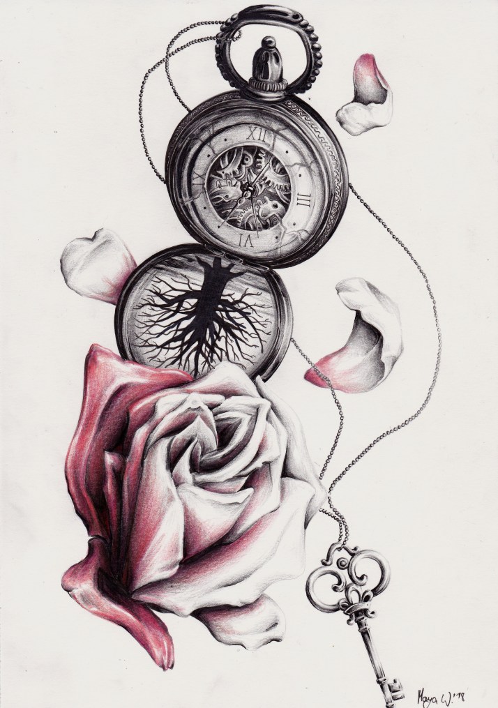 Rose, Schlüssel, Uhr